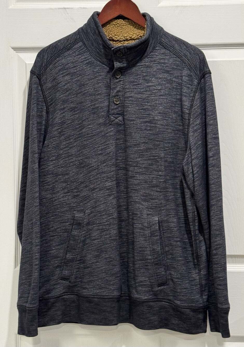 GH Bass Mens Navy Blue Quarter Button Pullover Sweatshirt Pockets XL Faux Sherpa